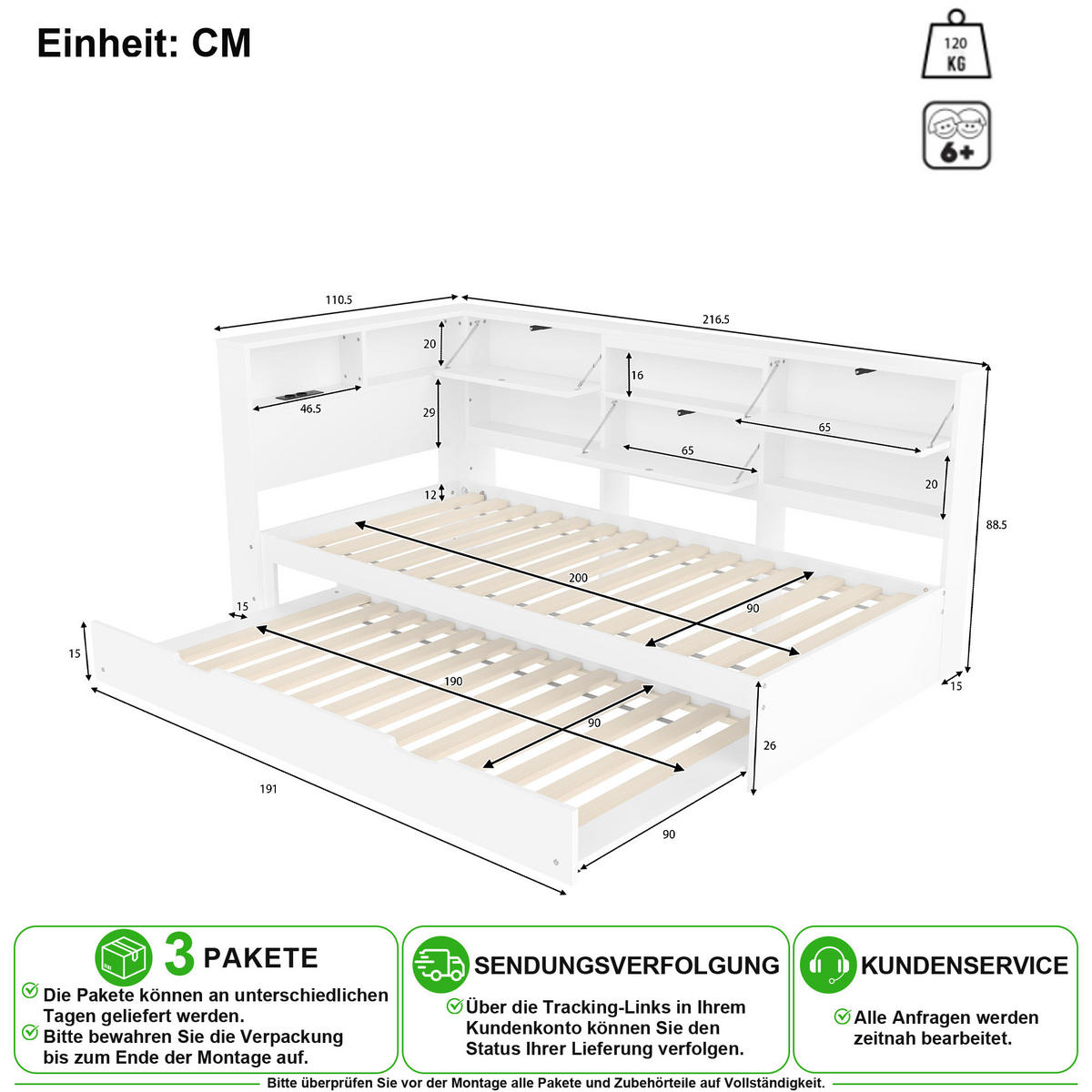 SCHLAFSOFA 90/200 cm & 90/190 cm in Weiß mit Staufach, Ausziehbett, USB und Type-C - Weiß, Holz/Holzwerkstoff (90/200cm) - CHICFURN