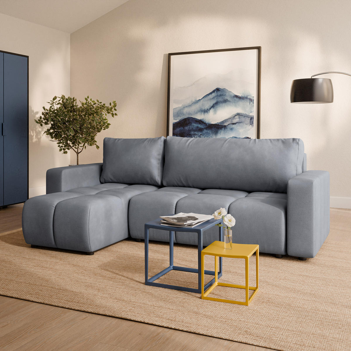 ECKSOFA RAMIL Grau Plüsch-Stoff mit Schlaffunktion - Grau, Holz (240/149cm) - MASSENO