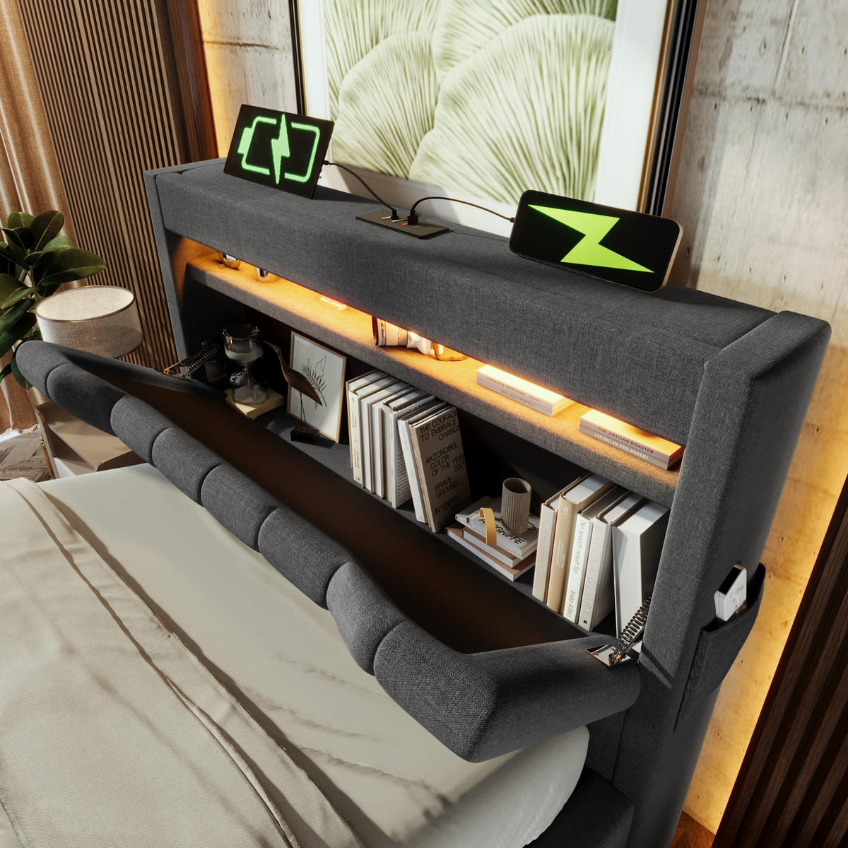 POLSTERBETT 90/200 cm Grau aus Leinen mit Matratze und LED-Beleuchtung - Grau, Textil (90/200cm) - OKMYHOME