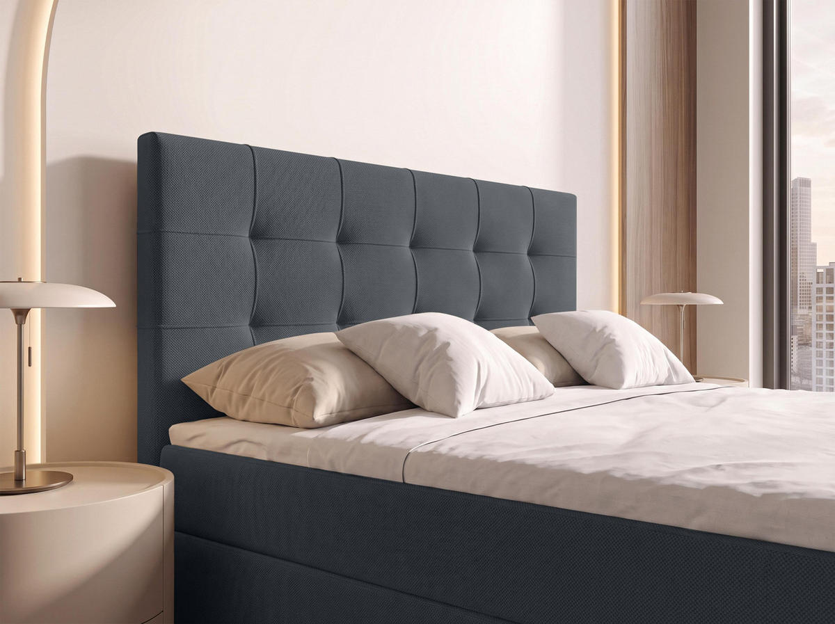 BOXBETT DEFNE 180x200 cm mit Fußteil und Matratze - Dunkelgrau + TOPPER - Dunkelgrau/Schwarz, Holz/Holzwerkstoff (180/200cm) - AX Living