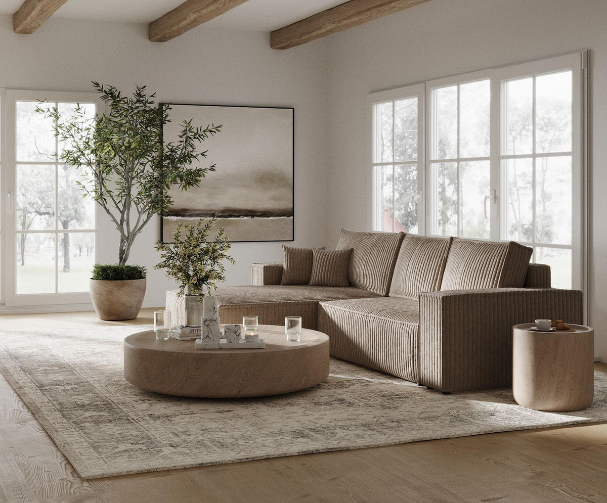 ECKSOFA Maze Hellbraun Plüsch - Links Seite - Schwarz/Cappuccino, Holz/Holzwerkstoff (185/294cm) - Maison de Reve