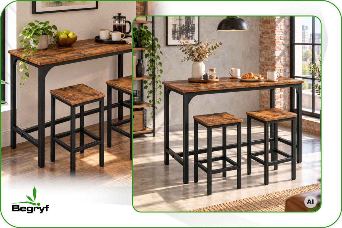 BARTISCH mit 2 Barhockern 3-teiliges Set Industrial Rustikal Braun Schwarz 108x50x90 cm - Dunkelbraun/Schwarz, Holzwerkstoff/Metall (108/90/50cm) - Begryf
