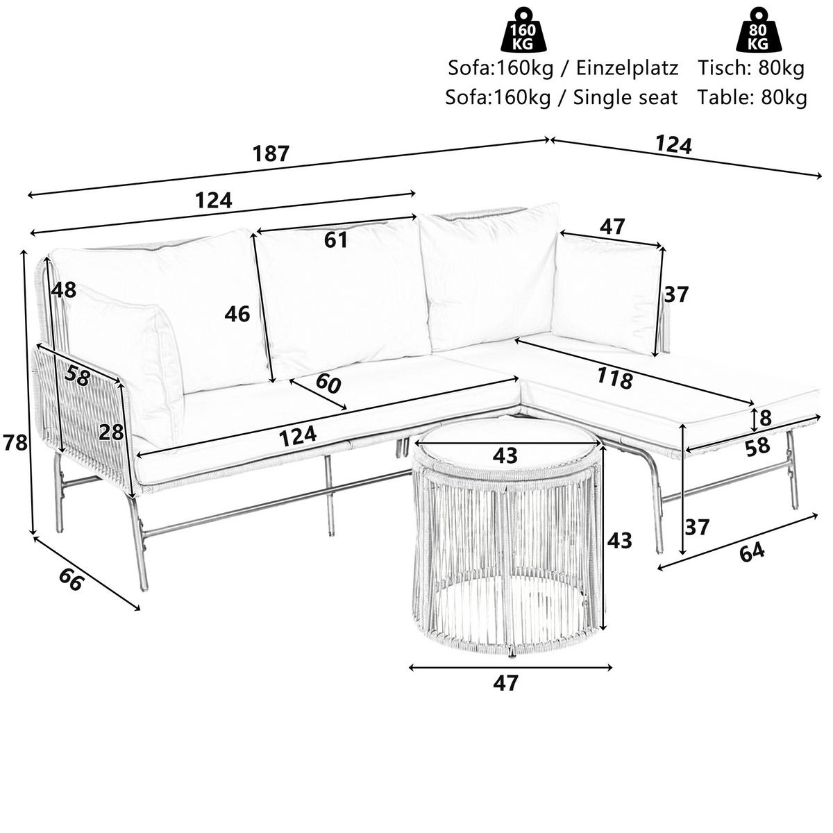 GARTENLOUNGE Set mit Eisengestell und beigem Seil LForm Gesprächsset mit Tisch Gewebtes Seil für Garten Terrasse Beige - Beige, Metall - FLIEKS