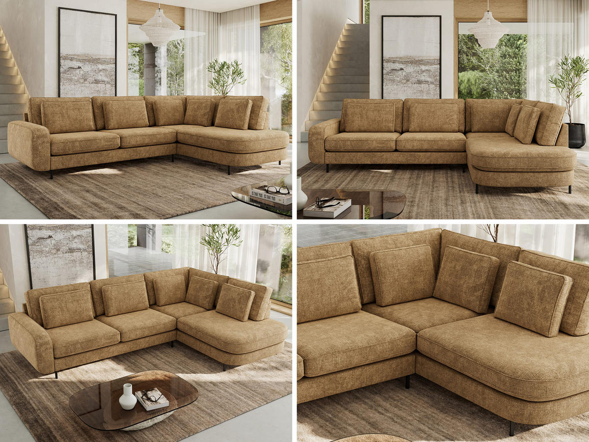 ROHOVÁ SEDAČKA CALENO L - Světle hnědá hladký senil - Levá Strana - černá/světle hnědá, kov/textil (317/225cm) - MKS