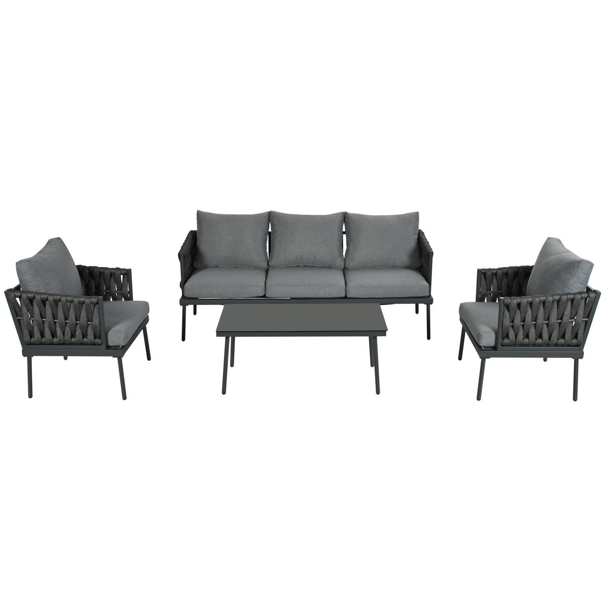 LOUNGE-SET 180/68/66 cm grau aus Polyester mit Glas-Couchtisch und Seilarmlehnen - Grau, Textil - OKWISH