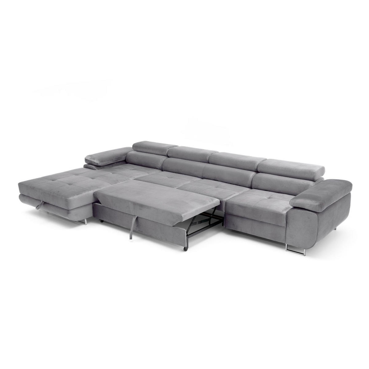 ECKSOFA ALONZO MAXI Links mit Schlaffunktion 125x195 Velours Grau - Silberfarben/Grau, Holz/Textil (350/203cm) - Muffo