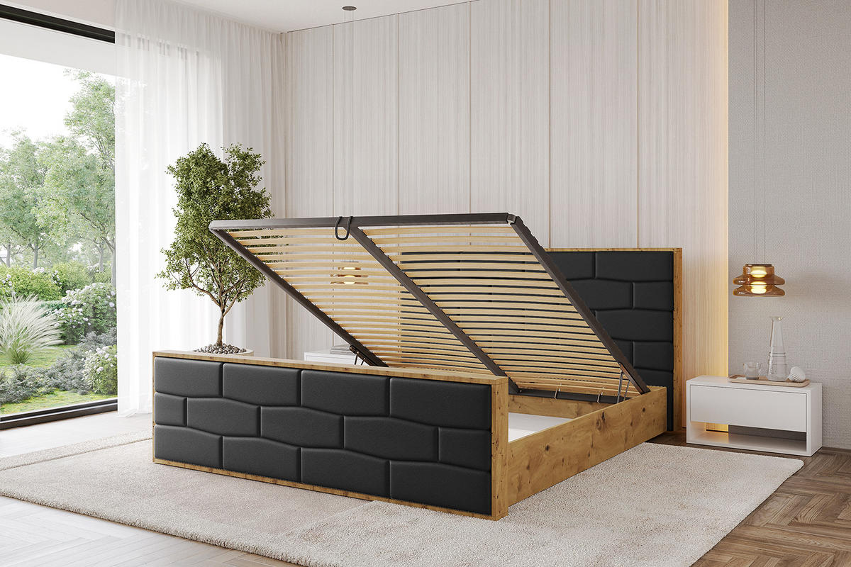 POLSTERBETT mit Bettkasten, Fußteil und Lattenrost, Boxbett mit Matratze H3/H4 - ENZO8-Z 160x200 Schwarz Kunstleder - Schwarz Hochglanz, Holzwerkstoff/Textil (160/200cm) - ALTDECOR