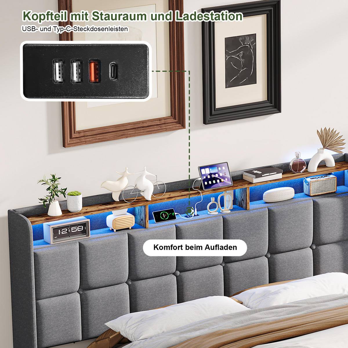 POLSTERBETT 140x200cm Grau Leinen LED USB-C Stauraum - Grau, Metall - SHOPENTRA