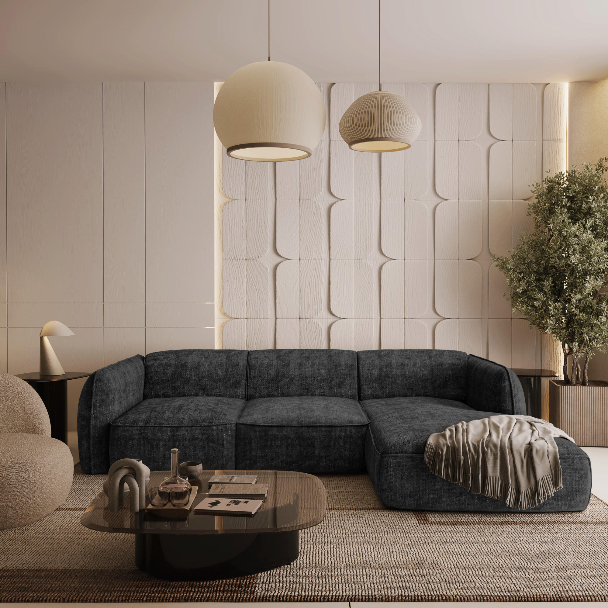 ECKSOFA RECHTS Rastervelours Dunkles Anthrazit 272cm - Anthrazit, Textil (272/165cm) - Sia Home