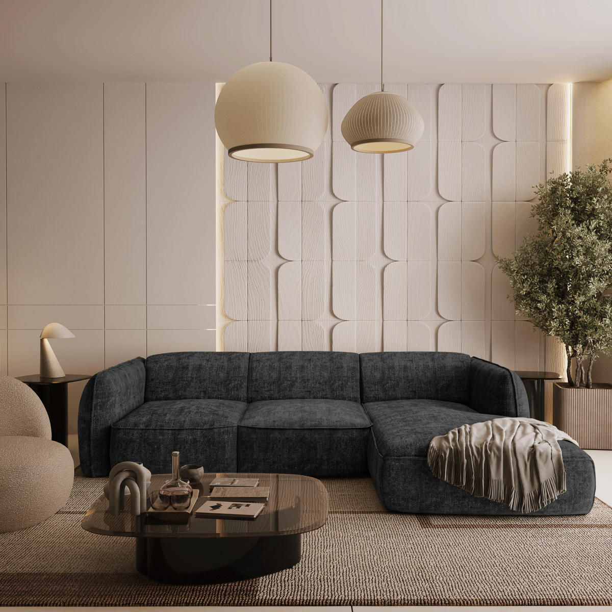 ECKSOFA RECHTS Rastervelours Dunkles Anthrazit 272cm - Anthrazit, Textil (272/165cm) - Sia Home