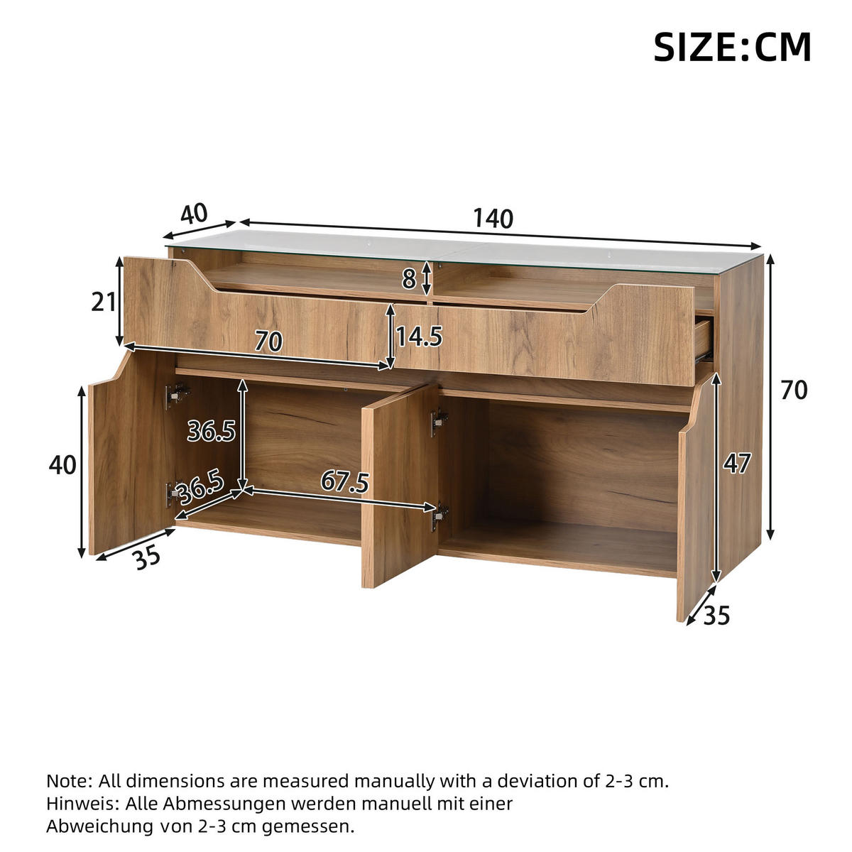 SIDEBOARD in Holzoptik Aufbewahrungsschrank mit 2 Schubladen und gehärteter Glasplatte, 140/40/70cm,für Esszimmer & Wohnzimmer - Naturfarben, Glas/Holzwerkstoff (140/70/40cm) - STILVORA