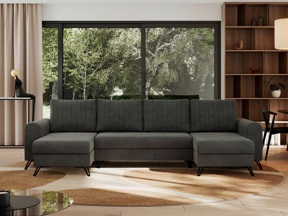 WOHNLANDSCHAFT AXEL U Velvet Dunkelgrau - Schwarz/Grau, Textil/Metall (312/90/140cm) - MKS