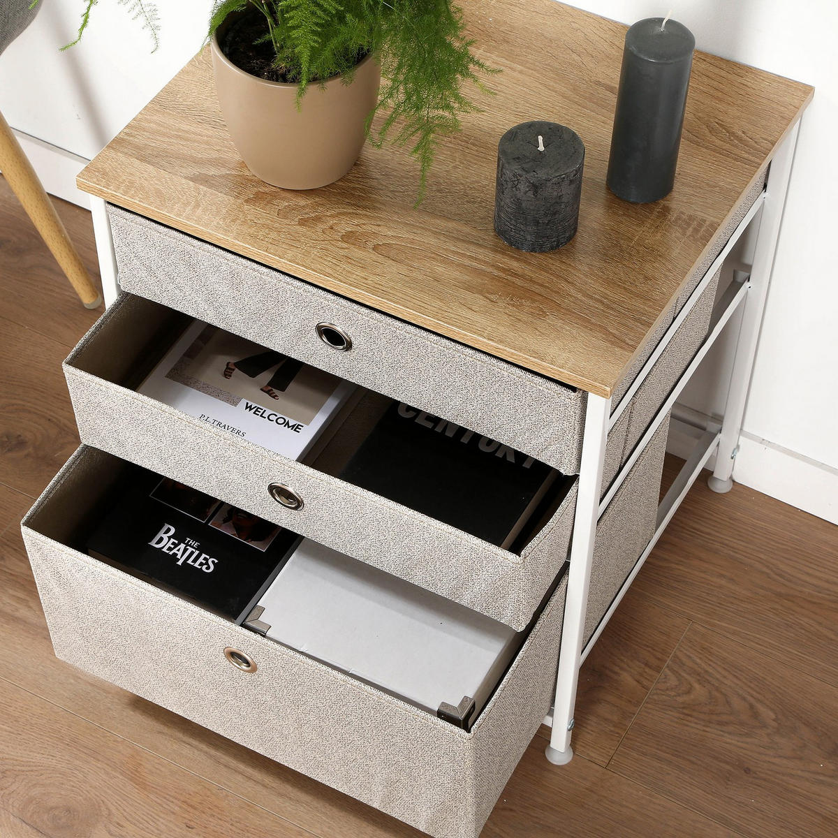 KOMMODE mit 3 Schubladen aus hellem Vliesstoff - L48 cm - Weiß, Holzwerkstoff (40/51/48cm) - Calicosy