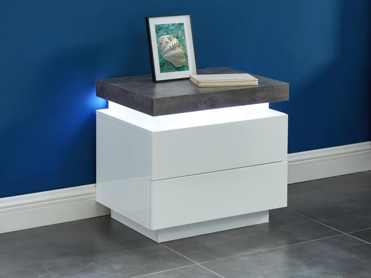 2ER-SET Nachttische mit 2 Schubladen & LEDs - MDF lackiert - Weiß & Beton-Optik - HALO II - Grau, Holz (40/50/55cm) - Vente-Unique