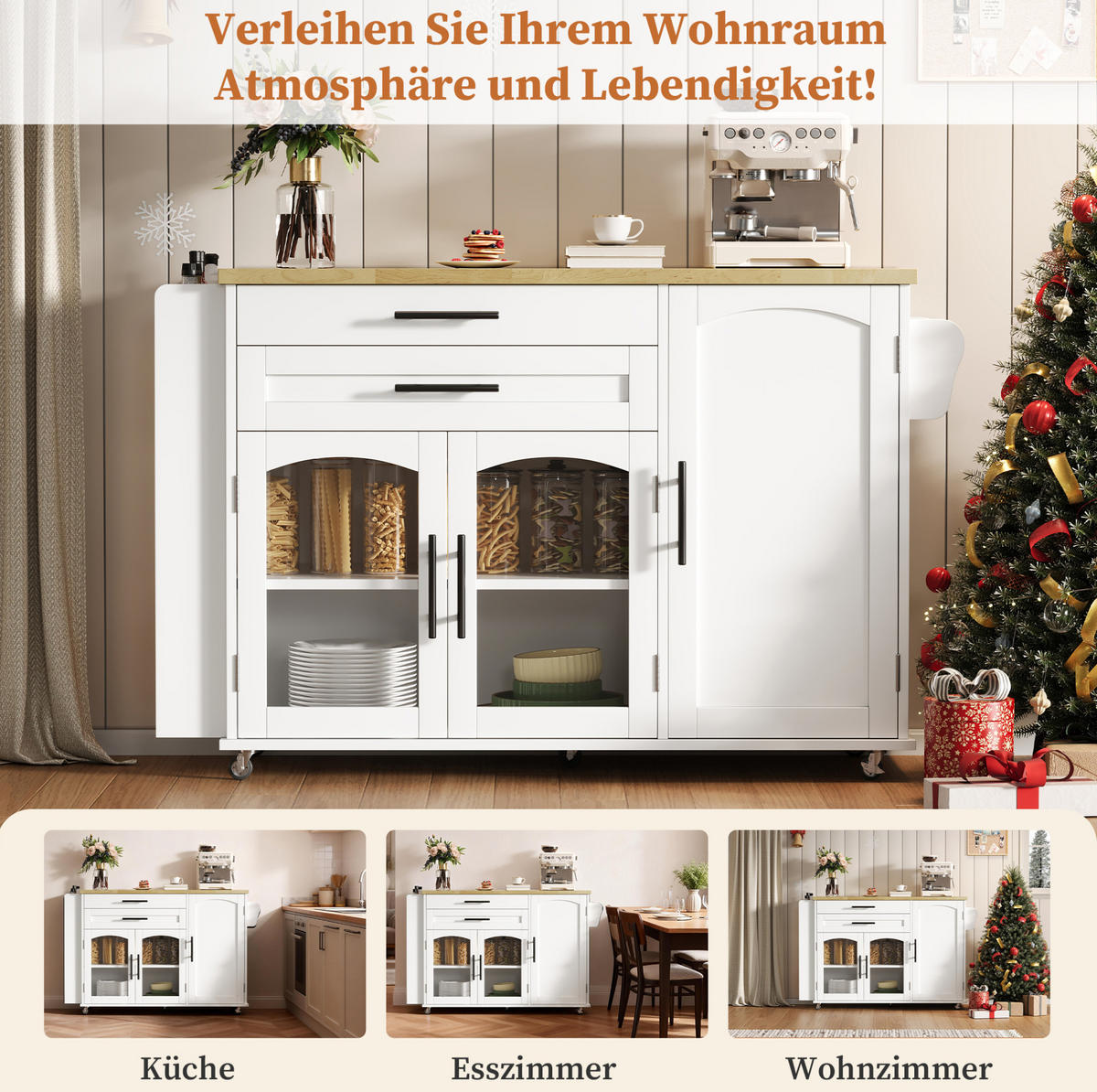 KÜCHENINSEL 120/90/45 cm Natur/Weiß aus MDF mit klappbarer Tischplatte - Naturfarben, Holzwerkstoff (70/90/138cm) - OKMYHOME