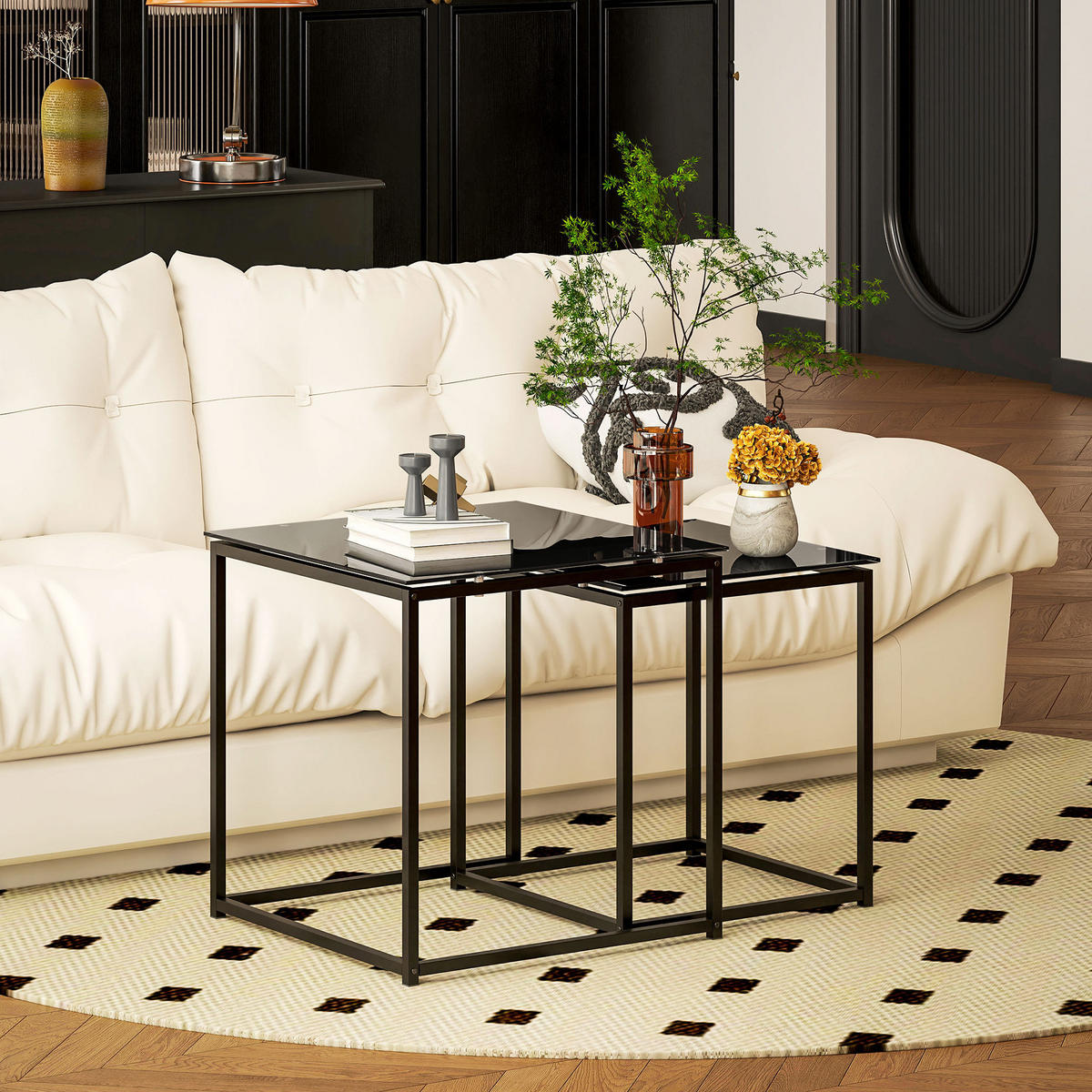 BEISTELLTISCH 42/42/42 cm und 50/52/50 cm Schwarz aus Stahl mit Glasplatte 2er Set - Schwarz, Metall (50/50/52cm) - OKMYHOME