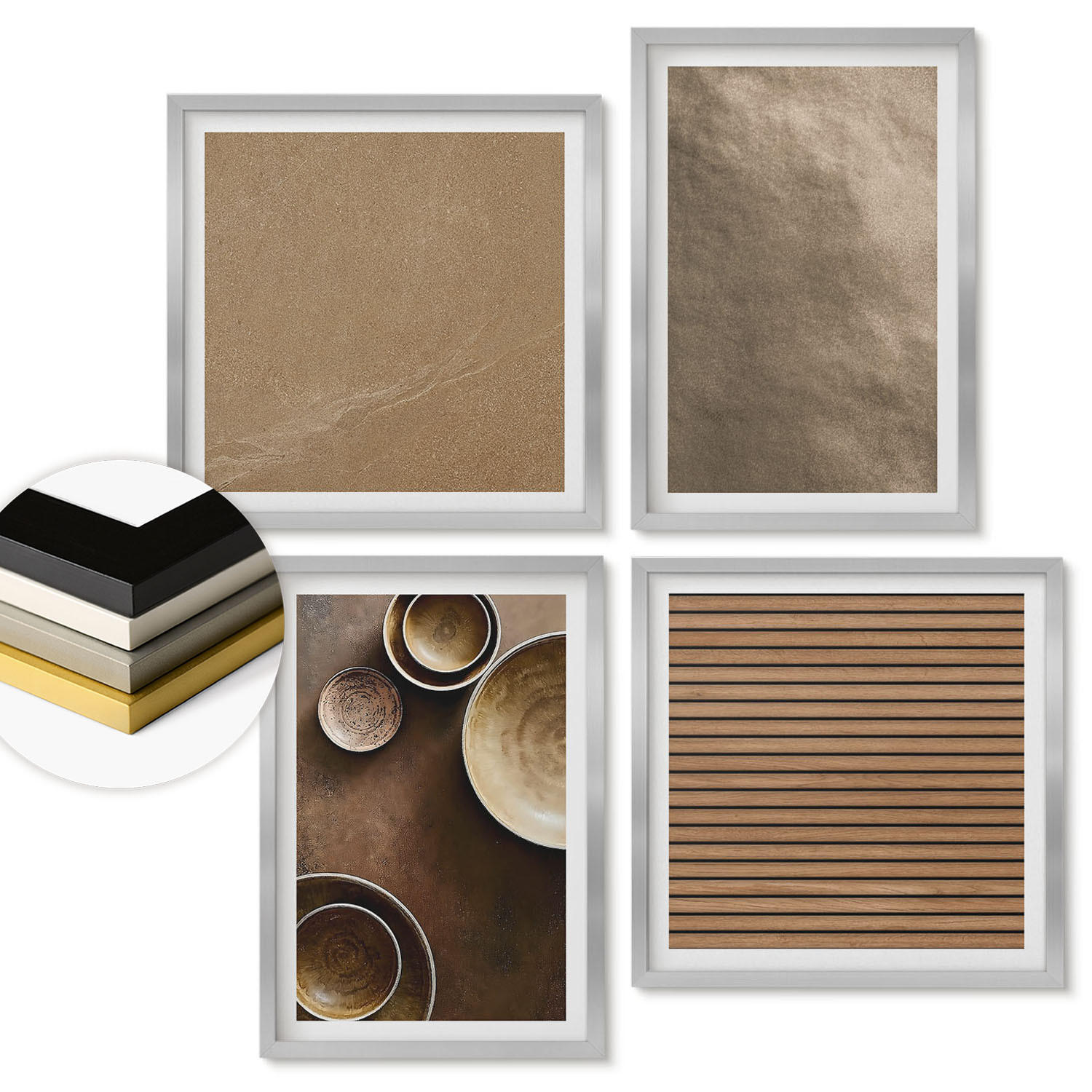 WANDBILDER 4er Set - 50x50 cm & 40x60 cm Silberner Rahmen - Moderne Steinstrukturen - Silberfarben, Kunststoff (50/50cm) - ArtPrintCave
