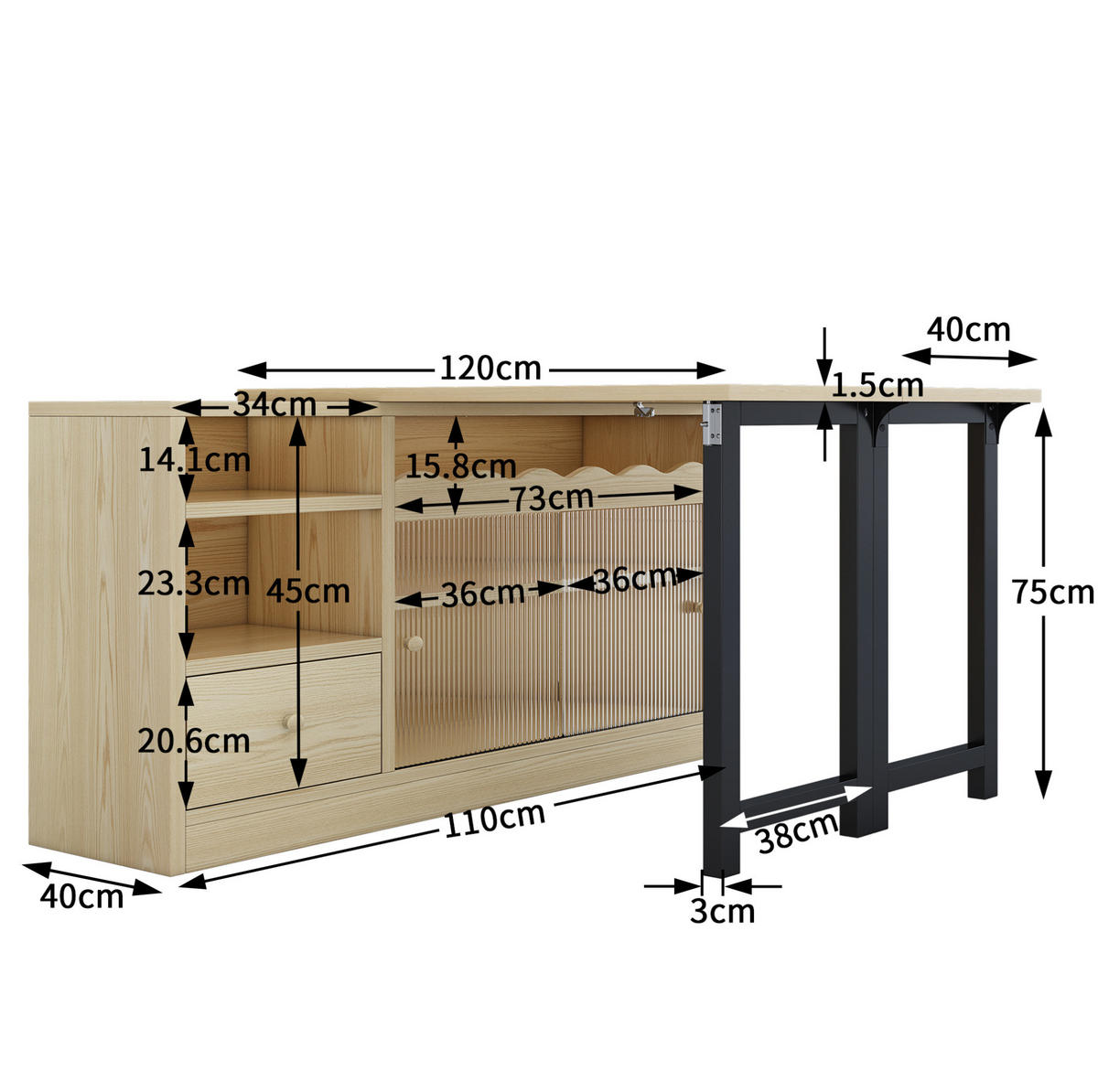 KLAPPBARER Esstisch mit Stauraum, ausziehbarer Tisch und Sideboard in einem, Natur/Schwarz - Naturfarben, Holzwerkstoff (110/120/75cm) - Redom