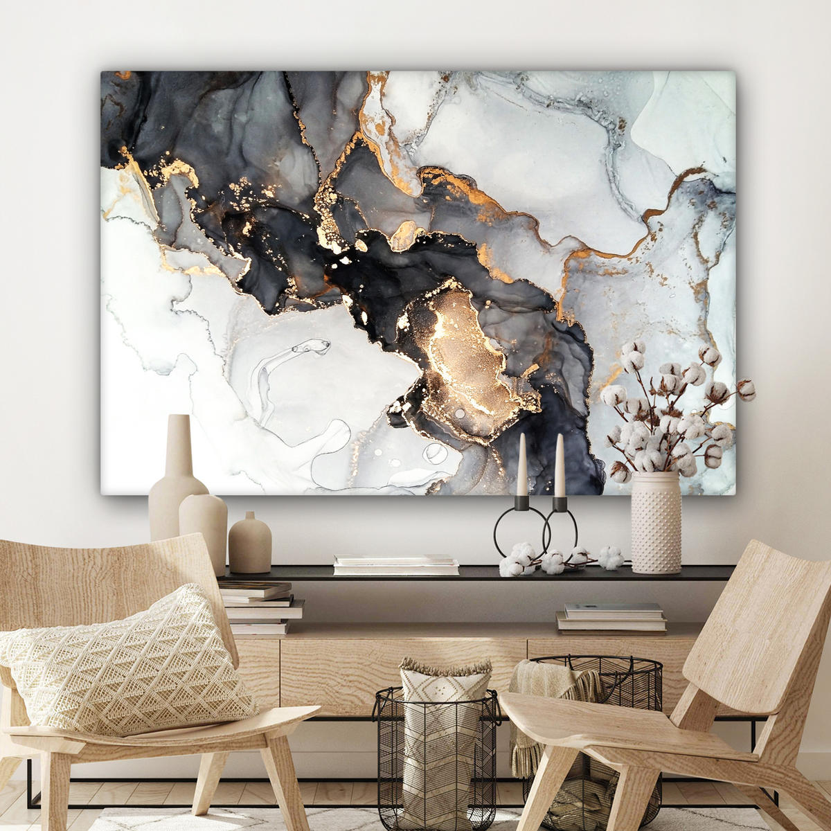 LEINWANDBILD Marmor - Schwarz - Weiß - Gold - Luxus - Abstrakt Wohnzimmer Groß 120x80 cm - Goldfarben, Textil (120/80cm) - MuchoWow