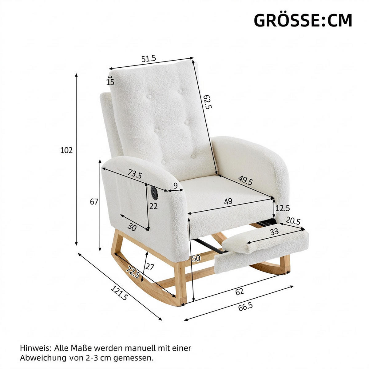 SCHAUKELSTUHL Weiß Schlingengewebe mit USB-Ladeanschluss, verstellbarer Fußstütze und Seitentaschen - Weiß, Textil (121.5/102/66.5cm) - Oxeza