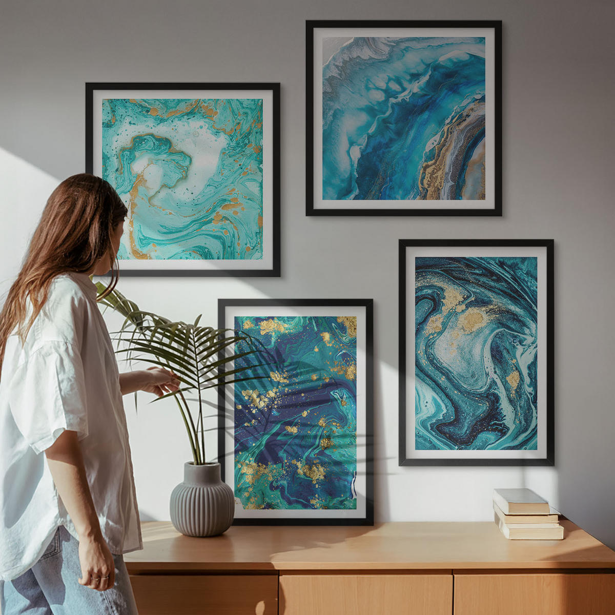 WANDBILDER 4er-Set - 50x50 cm & 40x60 cm Schwarzer Rahmen - Abstraktionen dekorativer Malerei - Schwarz, Kunststoff (50/50cm) - ArtPrintCave