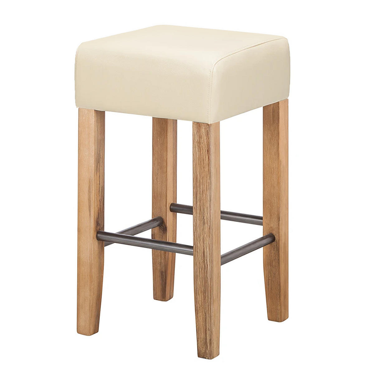 BARHOCKER - Akazie massiv / Kunstleder - Creme, Kunststoff (35/67/34cm) - home24