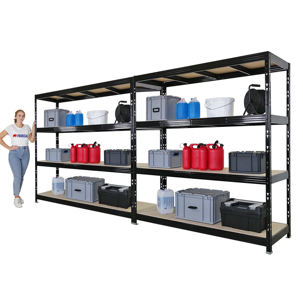 SCHWERLASTREGAL Rhino 2er-Set 200x200x60 cm 4 Spanplatten-Ebenen 8mm Fachlast 500 kg Schwarz - Schwarz, Metall (400/200/60cm) - PROREGAL