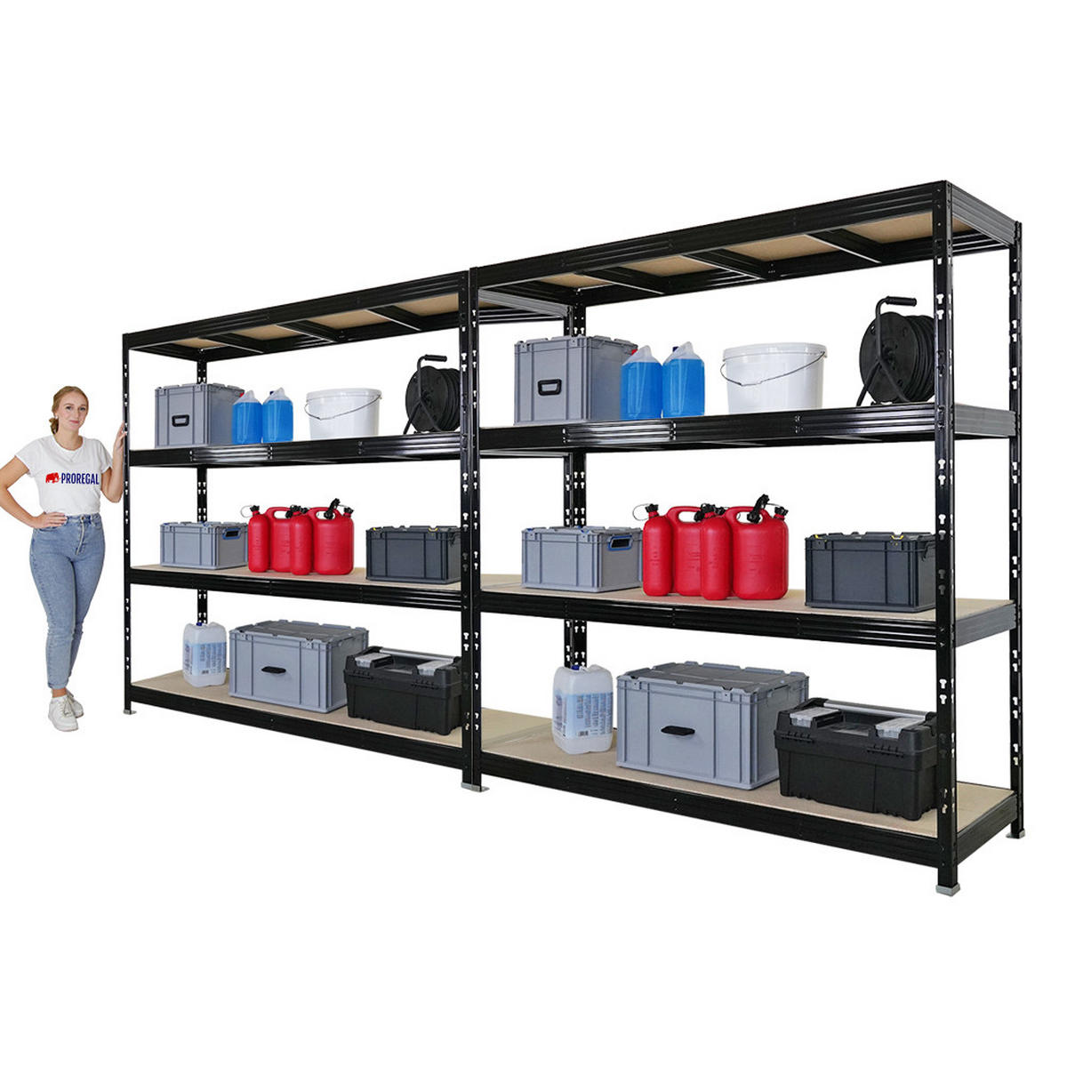 SCHWERLASTREGAL Rhino 2er-Set 200x200x60 cm 4 Spanplatten-Ebenen 8mm Fachlast 500 kg Schwarz - Schwarz, Metall (400/200/60cm) - PROREGAL