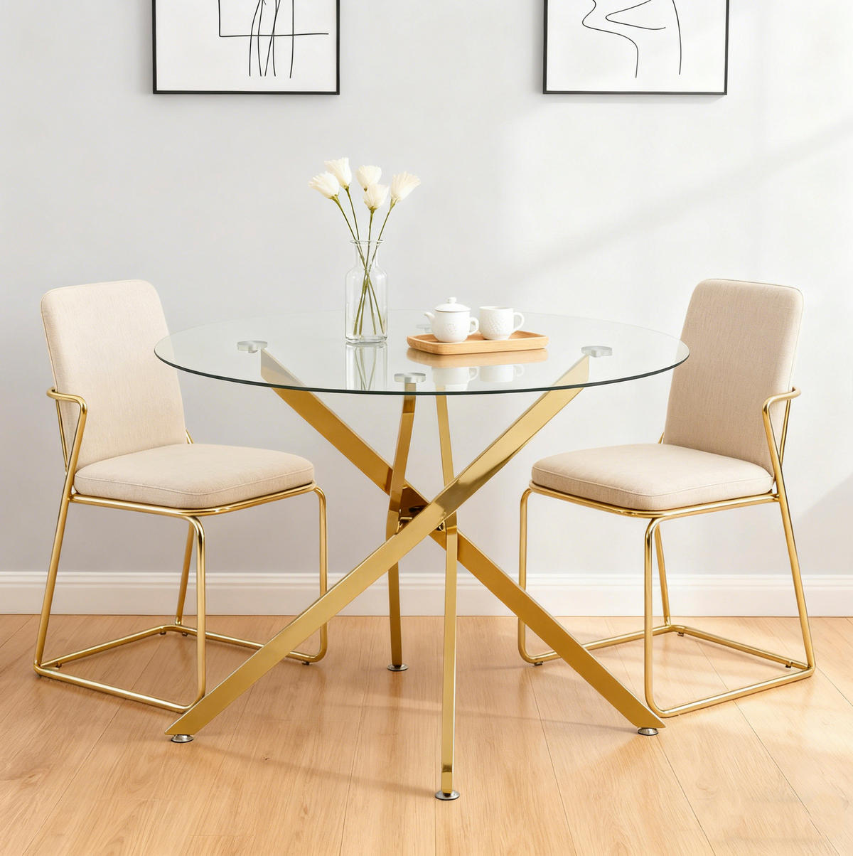 ESSTISCH rund 80/80/76 cm aus Glas und Metall in Gold - Goldfarben, Metall (80/80/76cm) - Flora Grace