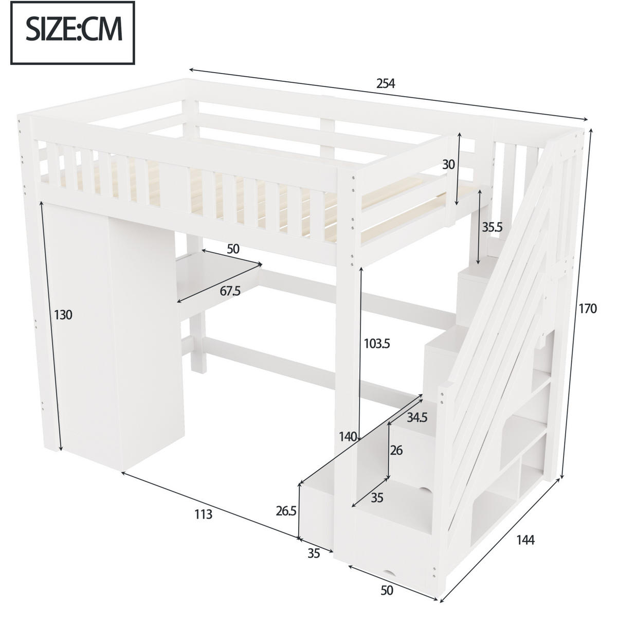 HOCHBETT 140/200 cm aus Holz mit Schreibtisch, LED, Weiß - Weiß, Holz (140/200cm) - OKMYHOME