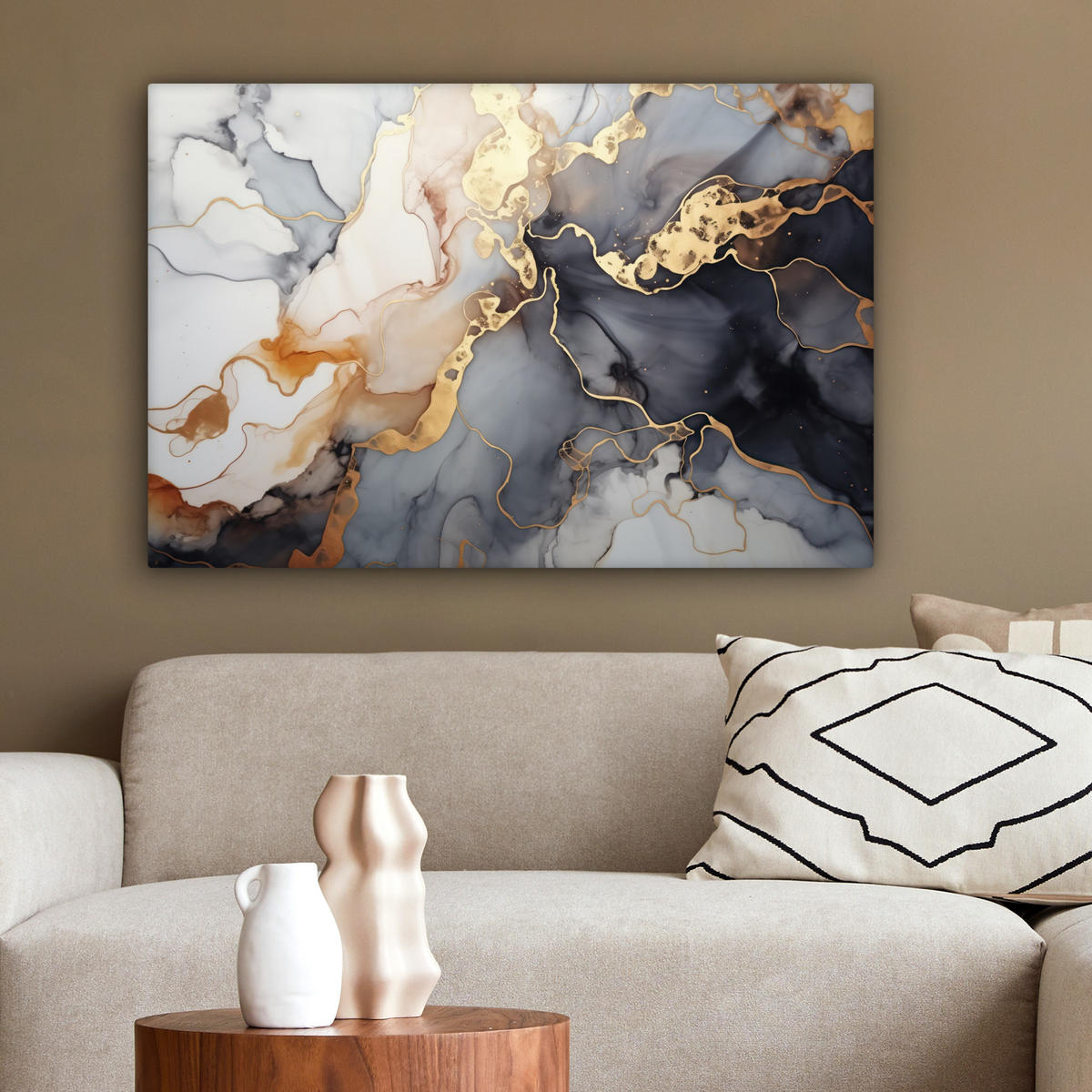 LEINWANDBILD Marmor - Schwarz - Gold - Weiß Gemälde 60x40 cm - Dunkelgrau, Textil (60/40cm) - MuchoWow