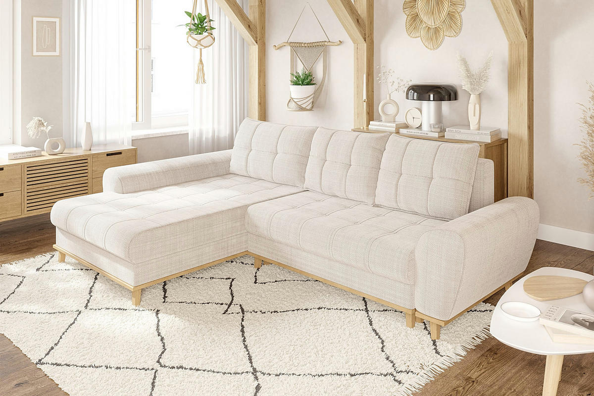 ECKSOFA im Scandi-Stil, Schlaffunktion, Bettkasten B268/T175/H86 cm, Ottomane links, Liegefl. 128x209 cm, Bouclé Chenille Stoff in Beige / 21014 - Eichefarben/Beige, Holz/Textil (268/175cm) - luma-home