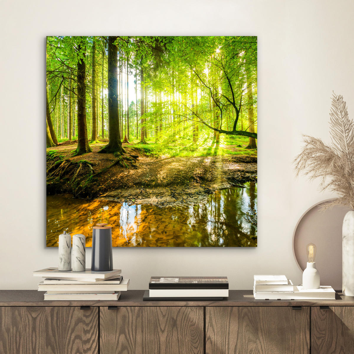 METALLBILD Wald - Landschaft - Wasser - Bäume - Sonne - Grün - Natur 50x50 cm - Grün, Metall (50/50cm) - MuchoWow