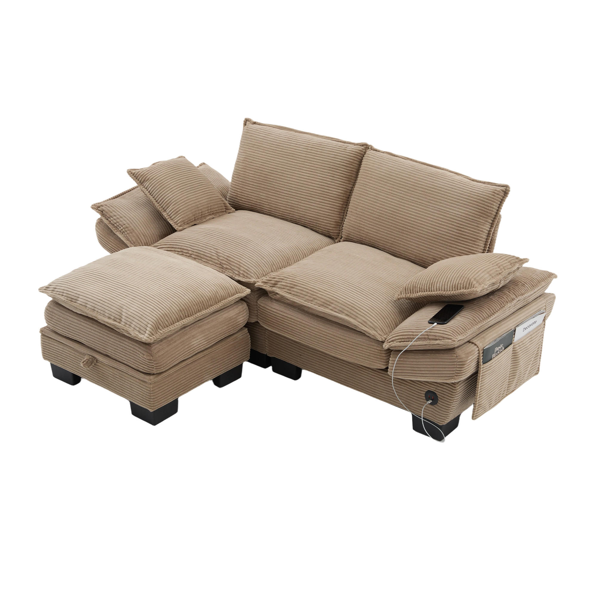 2-SITZER Sofa aus Corduroy 190x132x84 cm mit Hocker & USB-C, beige - Beige, Textil (132/84/190cm)
