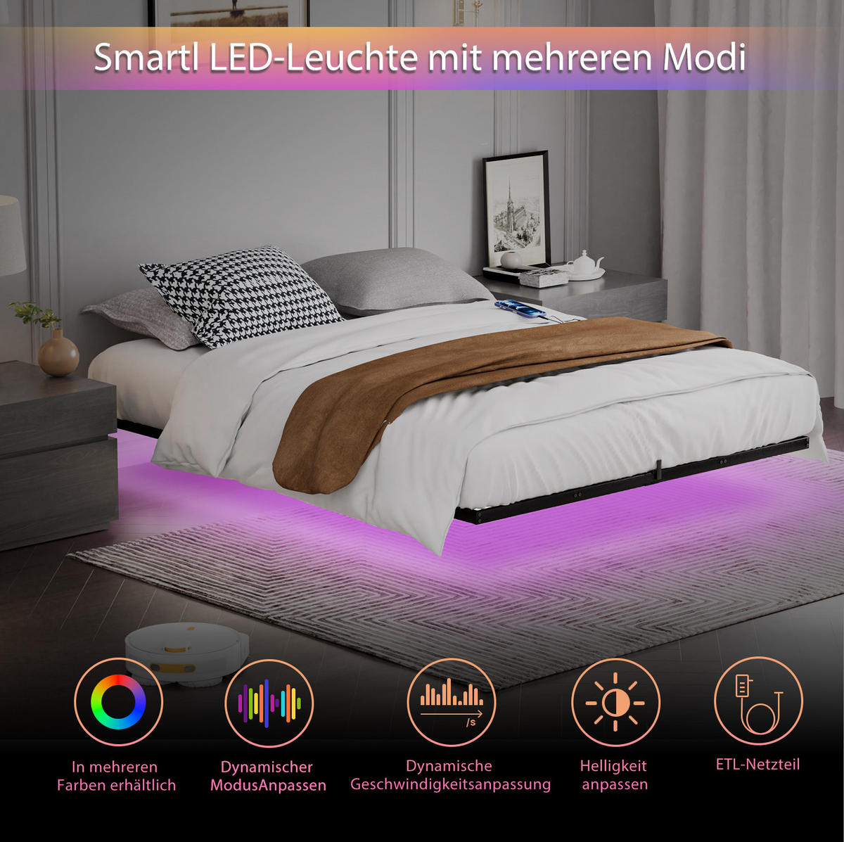 JUGENDBETT Metallbett 140/200 cm aus Stahl mit LED-Beleuchtung und Ladestation Schwarz - Schwarz, Metall (140/200cm) - Modenvie