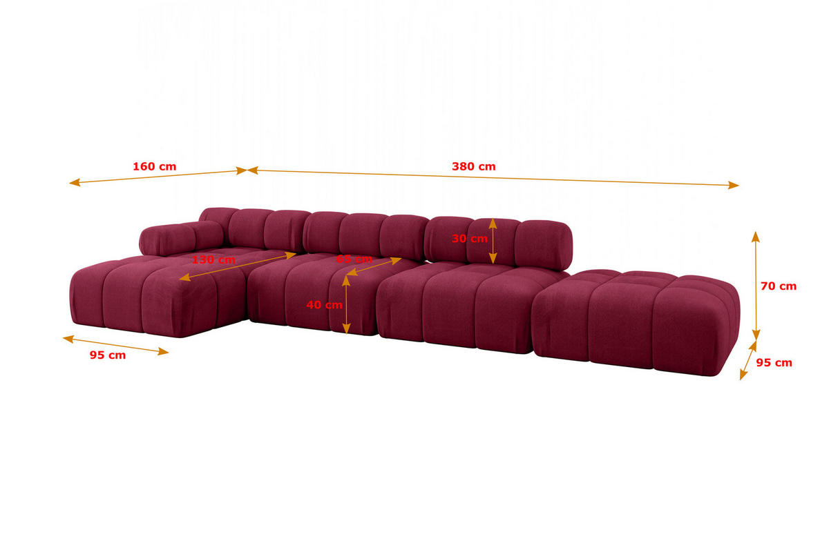 ECKSOFA modulares Sofa Lizur-L2 - 380x160x70 cm Bordeauxrot Velours - Bordeaux, Holzwerkstoff/Textil (380/160cm) - ALTDECOR