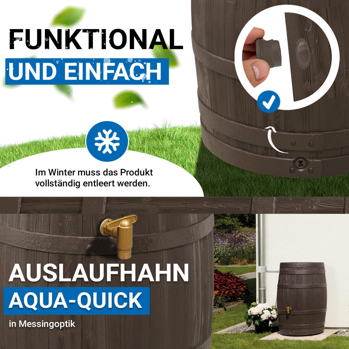 REGENFASS Komplett-Set 250 L braun inkl. Kunststoff-Auslaufhahn und Fallrohranschluss - Braun, Kunststoff (65/93/66cm) - 4rain