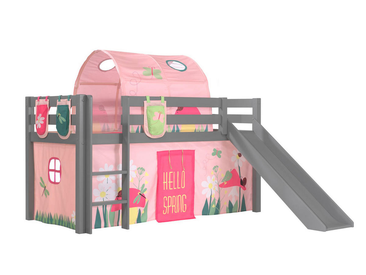 HOCHBETT mit Rutsche Karolina Massivholz Grau Textilset Spring 4 - Hellrosa/Grau, Holz (90/200cm) - 58aufmkessel
