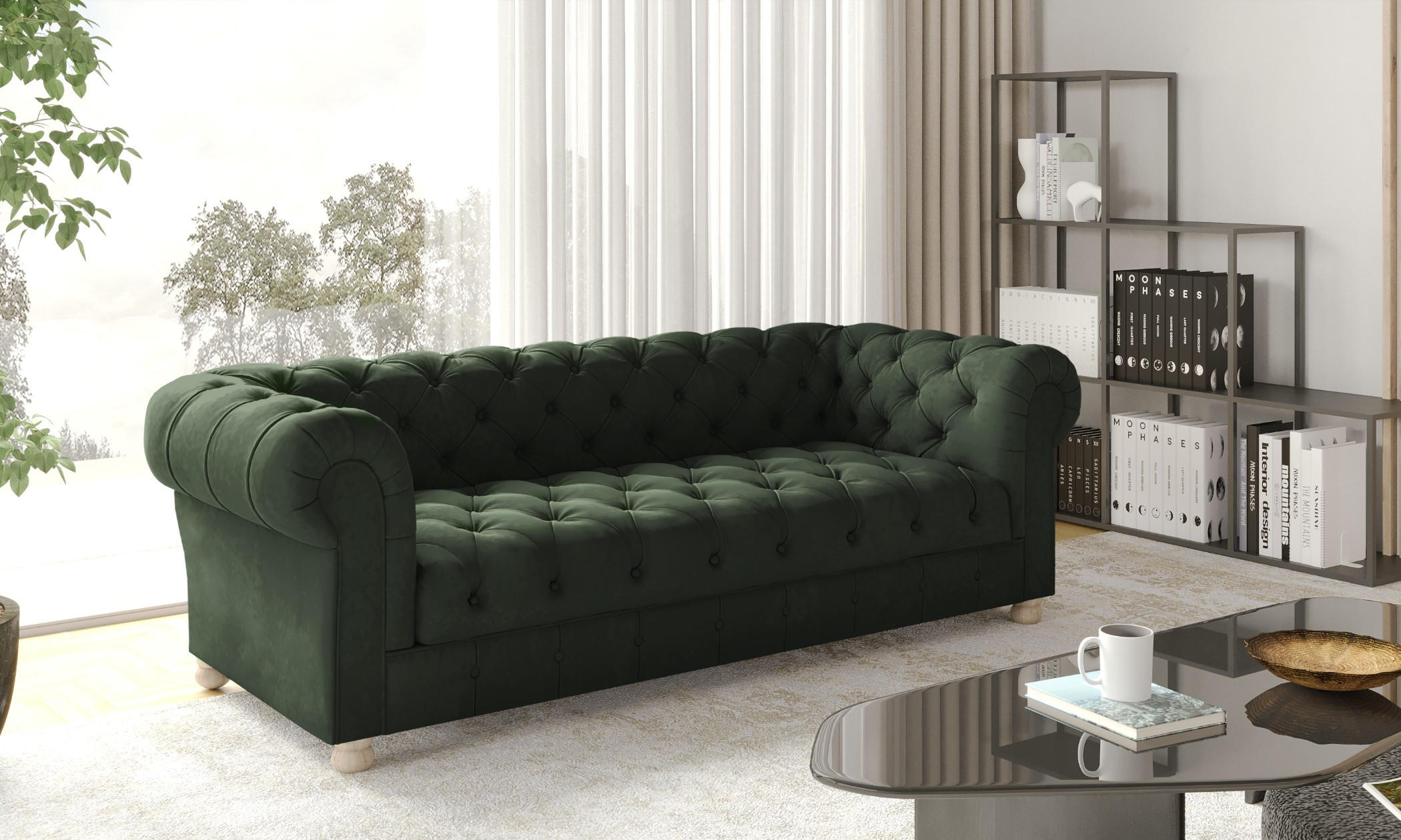 SOFA CHESTERFIELD Elegant Klassisch Schick Stoff Whisper Velours Grün - Grün, Holz/Textil (202/77/90cm) - Kaiser Möbel