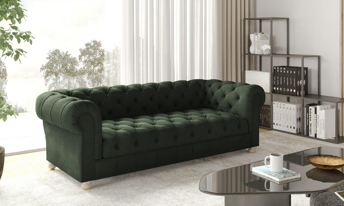 SOFA CHESTERFIELD Elegant Klassisch Schick Stoff Whisper Velours Grün - Grün, Holz/Textil (202/77/90cm) - Kaiser Möbel