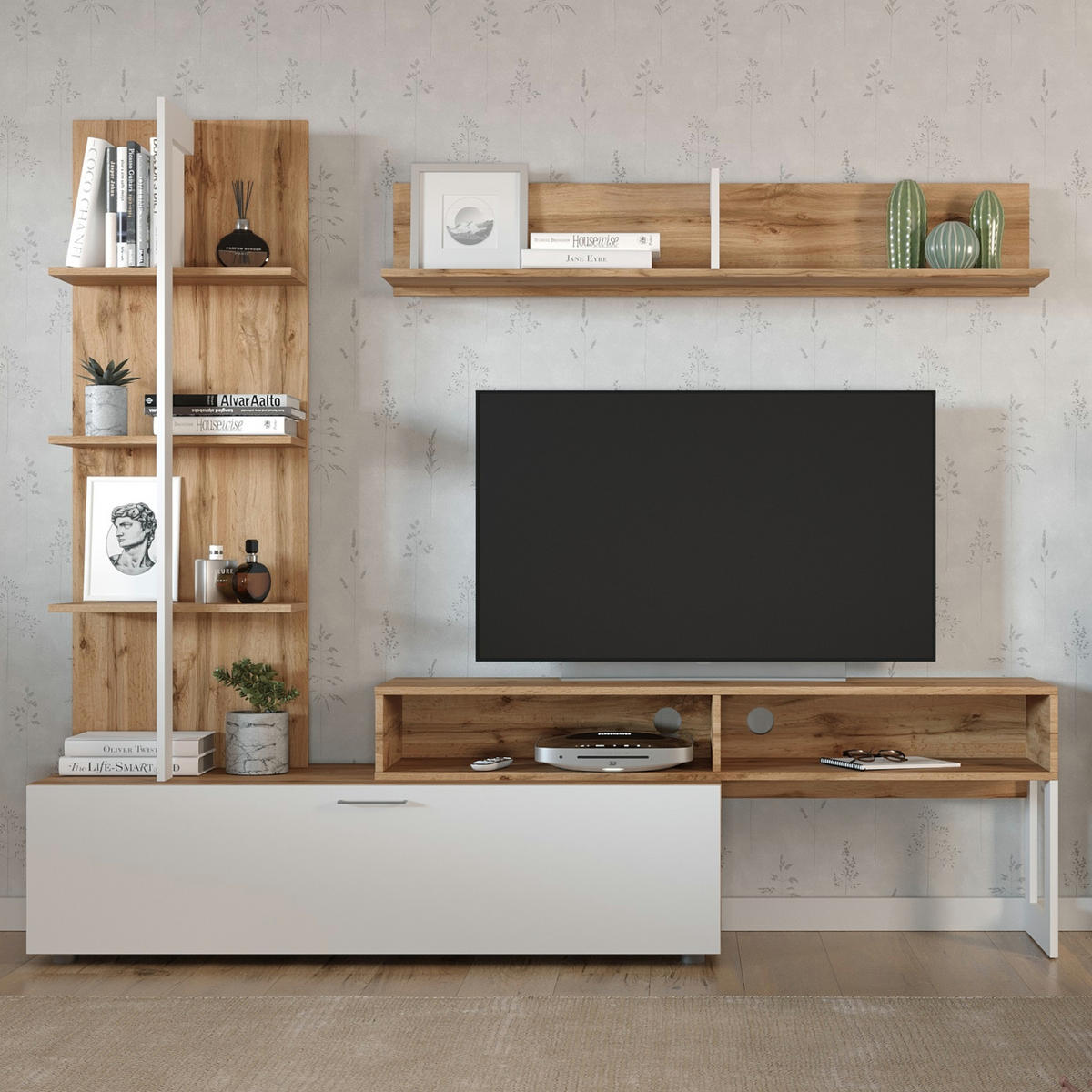 WOHNWAND, 2-er Set MOLDE SET1 Eiche Wotan Weiß - Silberfarben/Eiche Wotan, Holzwerkstoff/Kunststoff (251/174/37cm) - Komodee