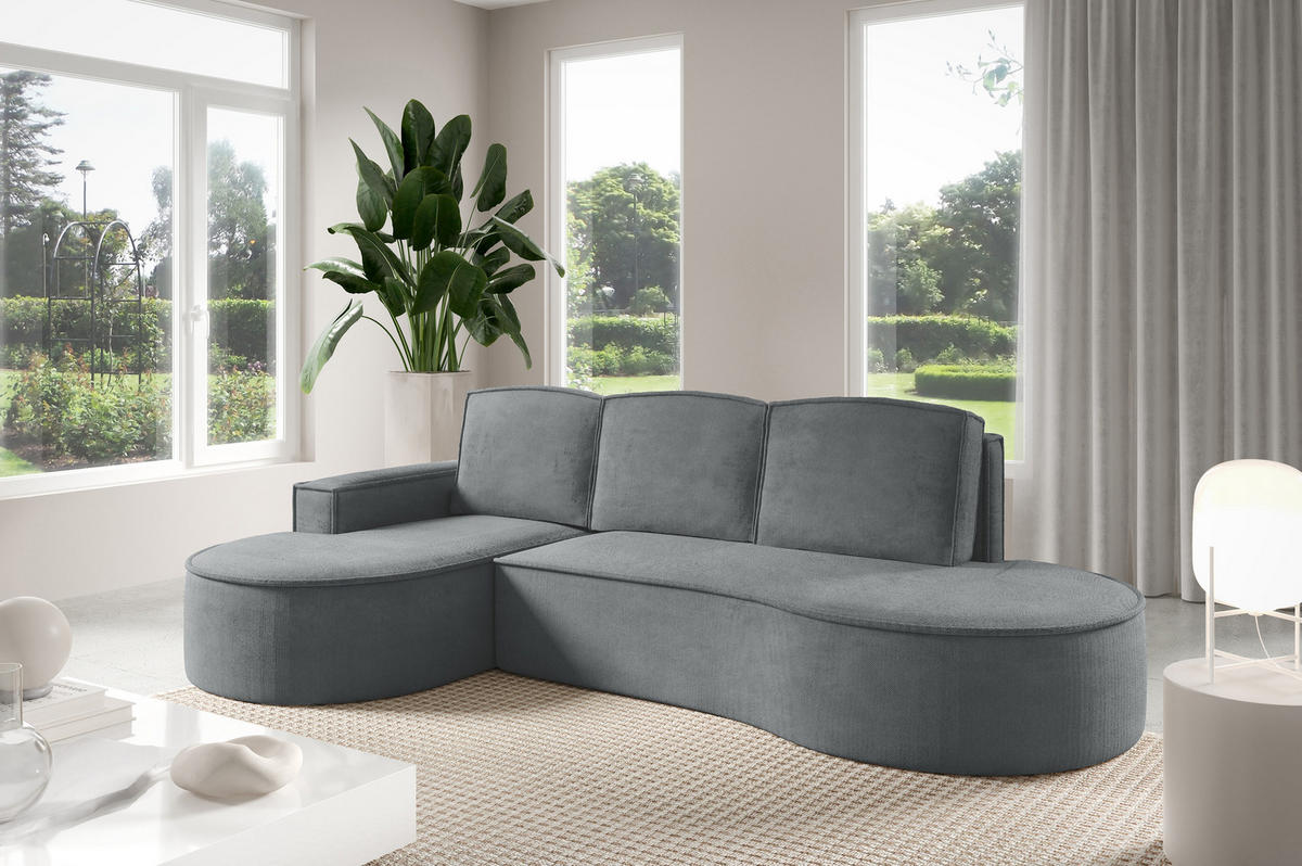 ECKSOFA MOLLY mit Schlaffunktion – Halbrund, freistehend, Liegefläche 140x207 cm, 3 Kissen, Abriamo-Stoff, 277x157x88 cm, Links Grau - Grau, Holz/Textil (157/277cm) - DomoHome