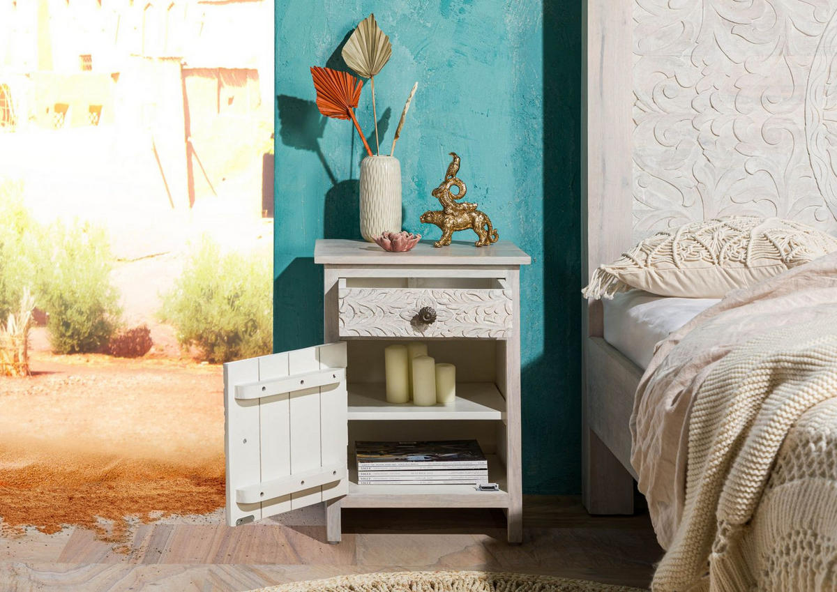 NACHTTISCH (Türanschlag links) Mango 45x40x60 weiß geölt KASHMIR #104 - Weiß, Holz (45/60/40cm) - Massivmoebel24