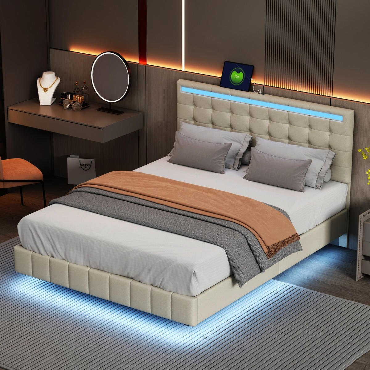SCHWEBEBETT 160x200 cm mit LED, Lattenrost, Leinen, Beige - Beige, Holz (160/200cm)