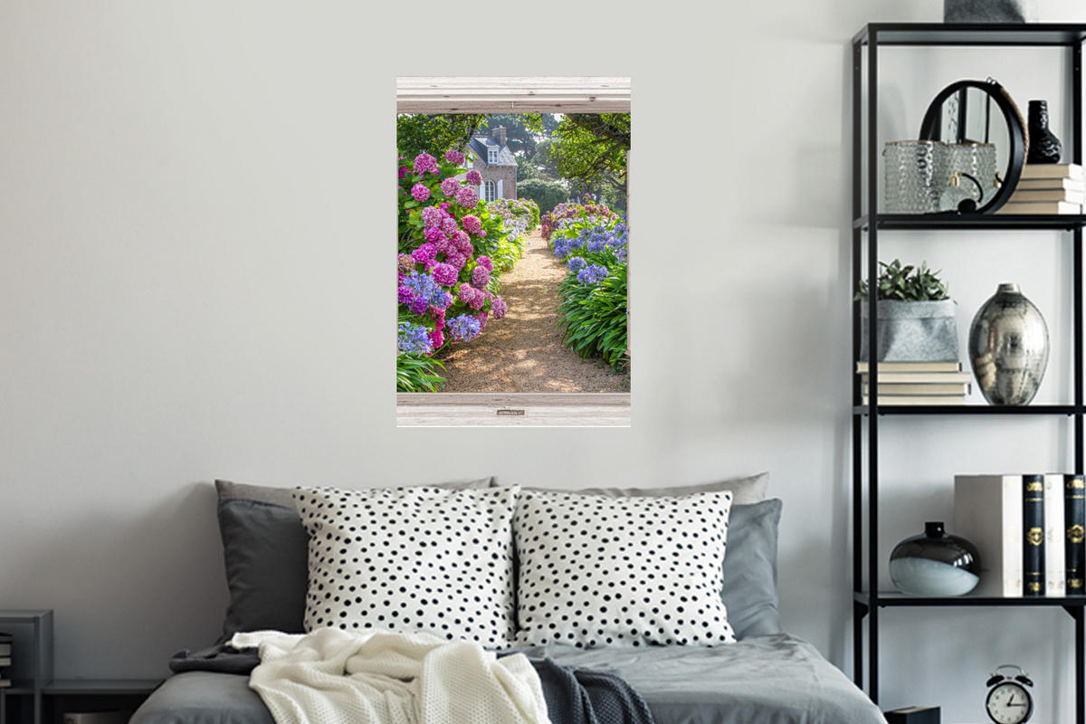 WANDTATTOO Hortensie - Fensterblick - Blumen - Sommer - Lila - Weg 40x60 cm - Lila, Kunststoff (40/60/0.1cm) - MuchoWow
