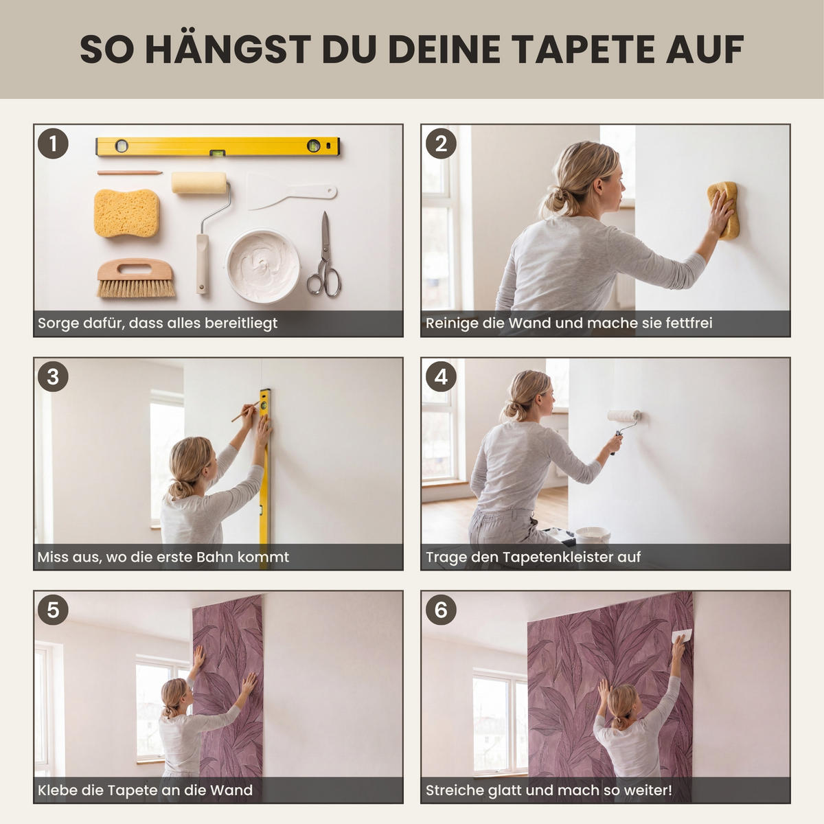 TAPETE - Blätter - Muster - Lila - 180x220 cm - Altrosa, Papier (180/220cm) - OnlyWow