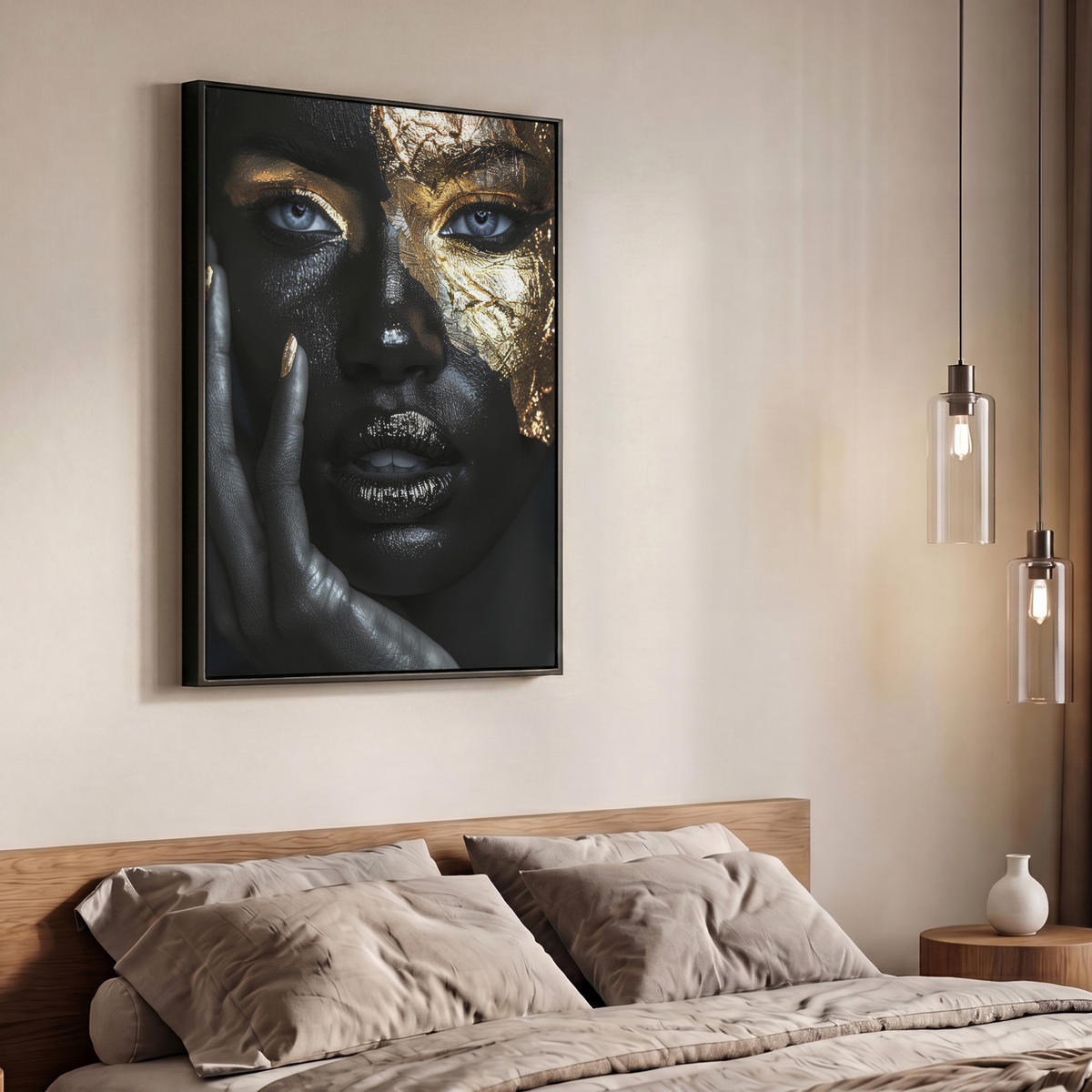 LEINWAND Bilder mit Rahmen - Frau - Gold - Porträt - Schwarz-Weiß - Luxus - 70x100 - Hellblau, Textil (70/100cm) - MuchoWow