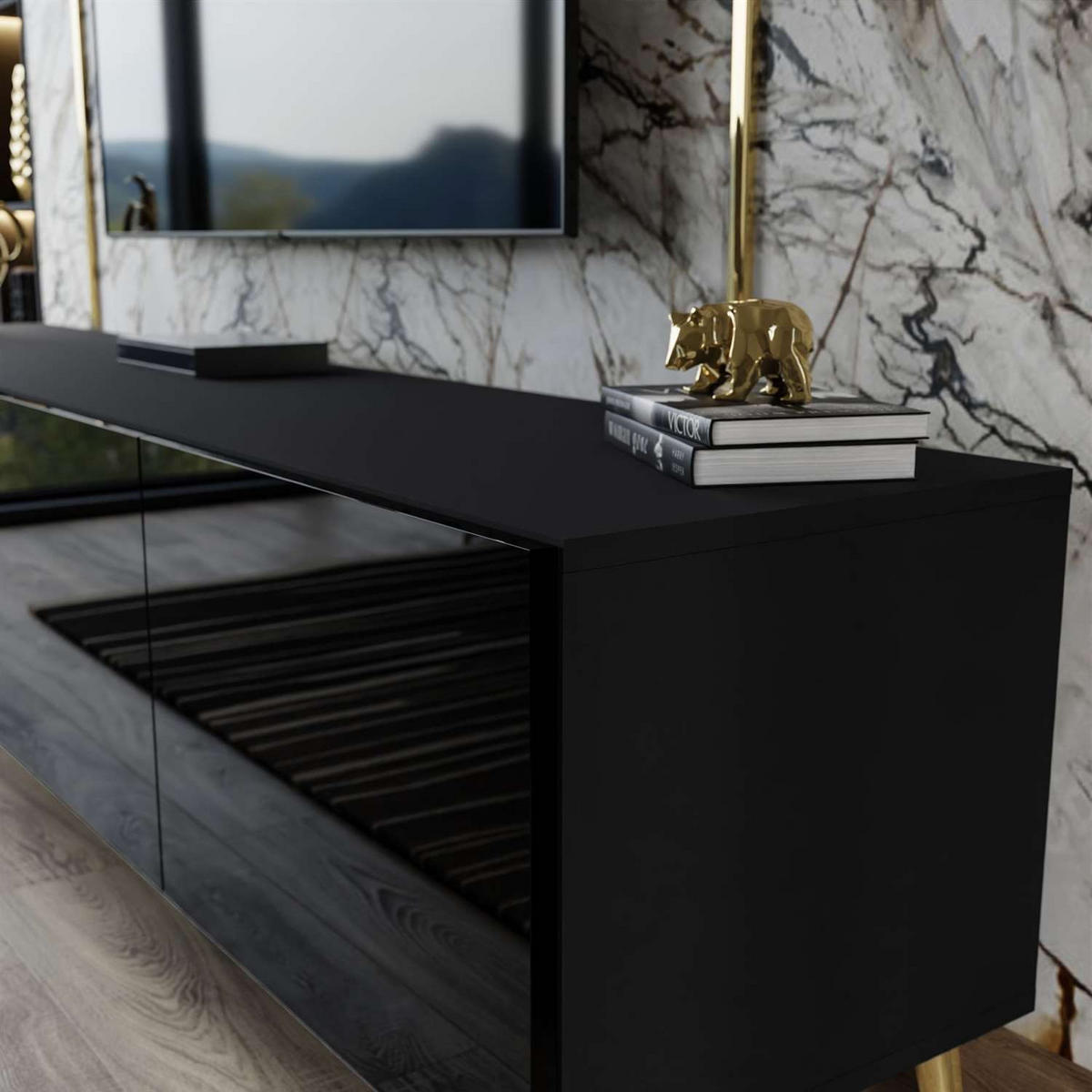 WOHNWÄNDE AURA PUSH-OPEN Schwarz Hochglanz mit LED-Beleuchtung – Füße in Gold - Schwarz Hochglanz/Goldfarben, Holzwerkstoff (200/49/40cm) - Lookway