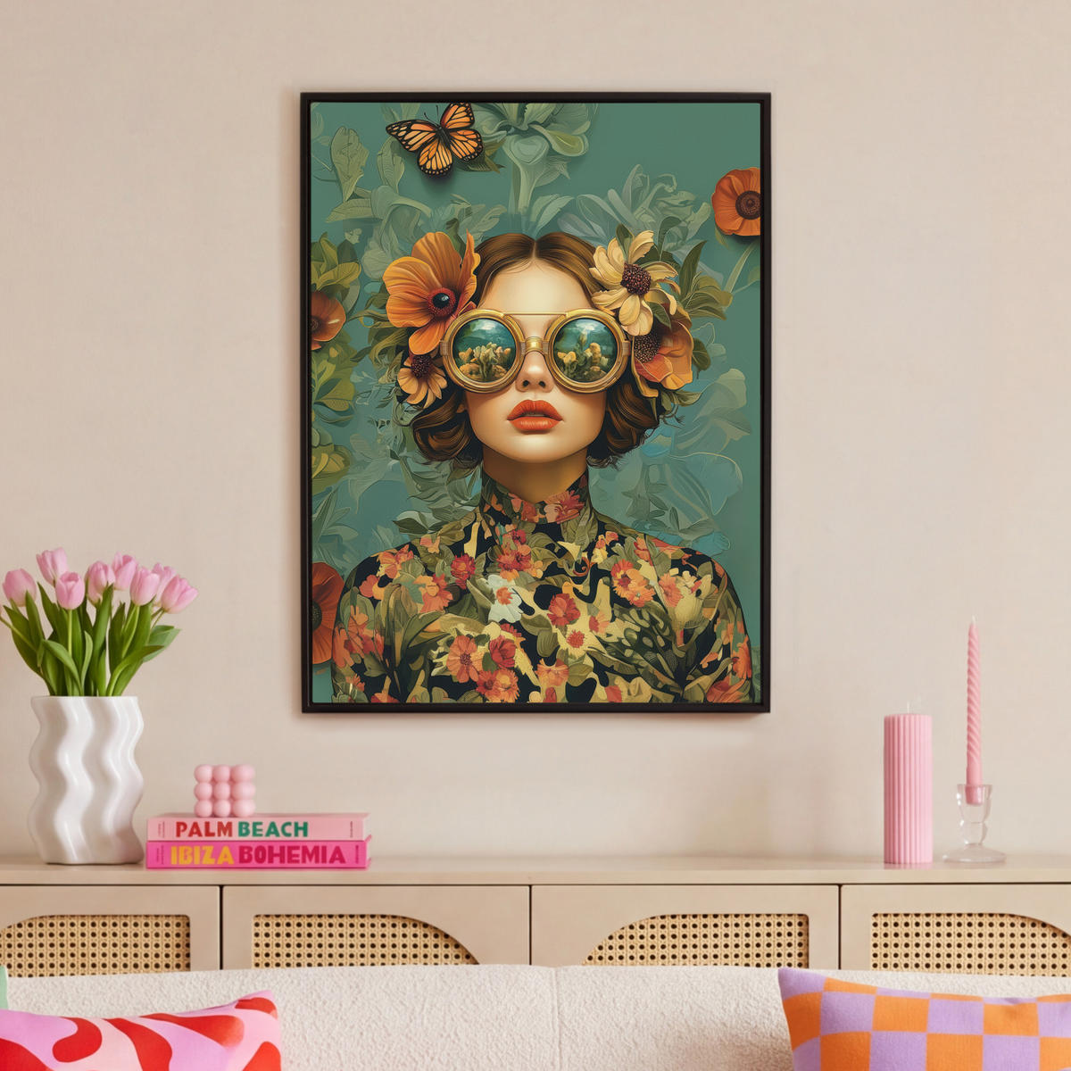 LEINWAND Bilder mit Rahmen - Frau - Blumen - Schmetterlinge - Natur - Vintage - 70x100 - Salbeigrün, Textil (70/100cm) - MuchoWow