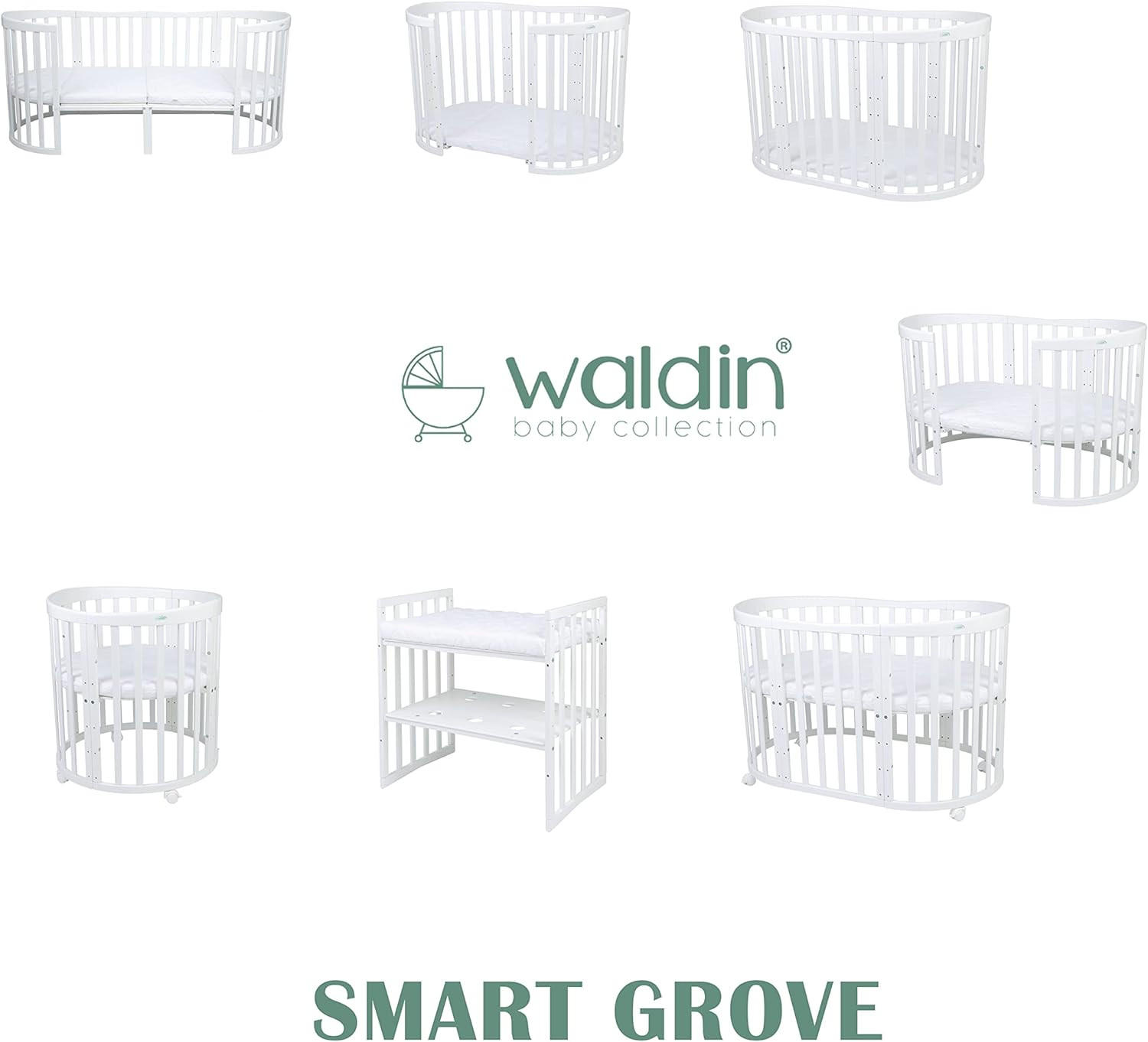 BABYBETT WHITE OVAL 7in1 mit Matratze - Weiß, Holz/Textil